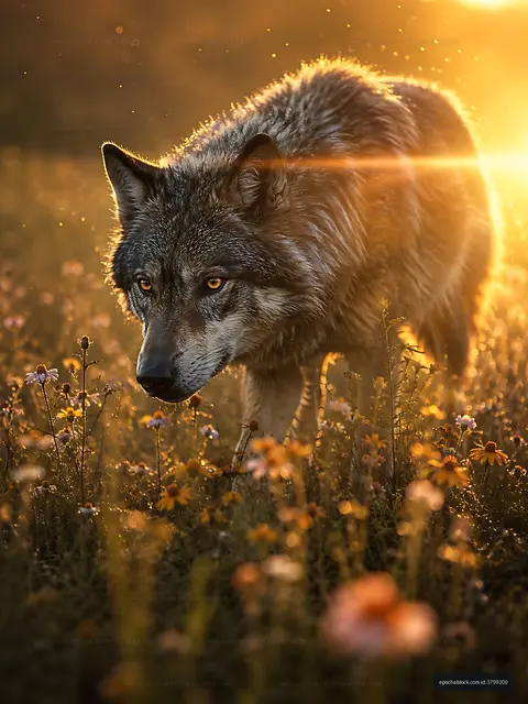 Wolf walking through flowers at sunset