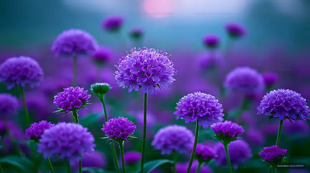 Purple flowers bloom in a field during early morning light