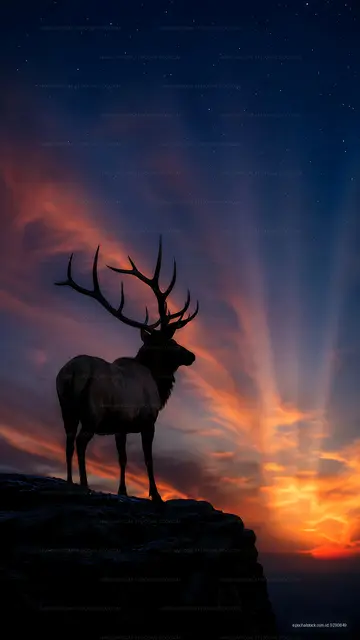 Elk standing on a cliff during sunset with colorful sky