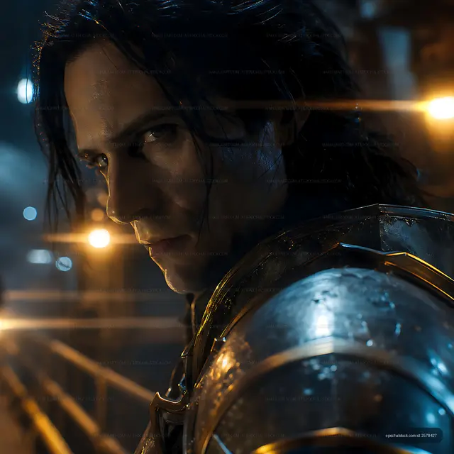 Man in armor stands in urban setting during nighttime