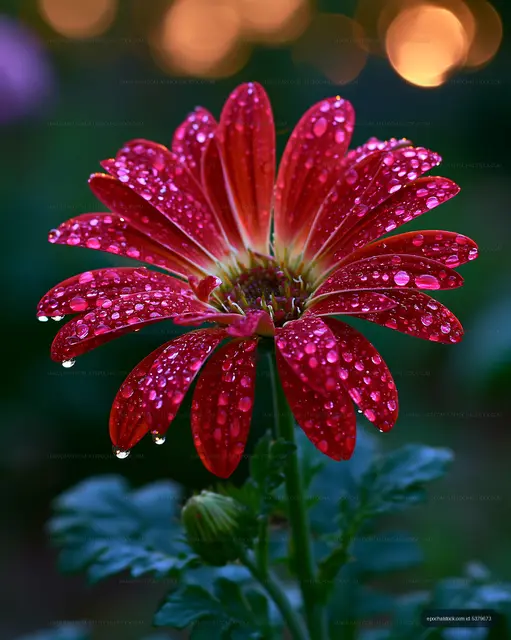 Bright red flower with water droplets in a garden