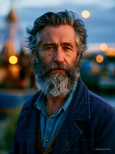 Man with a beard standing outdoors at dusk with lights in background