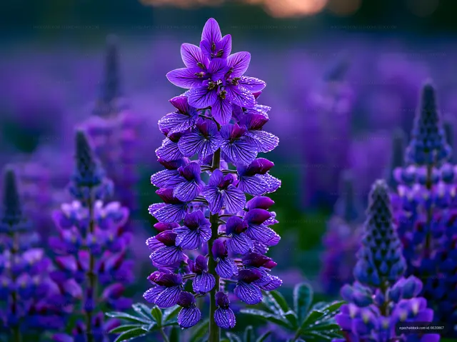 Purple flowers in a field with dew at sunrise