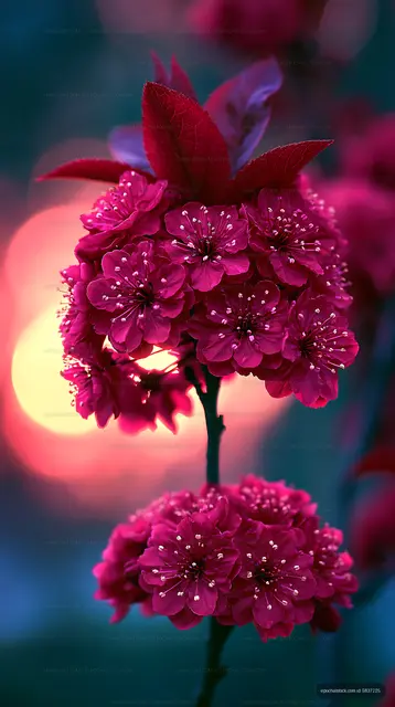 Bright pink flowers on branch during sunset