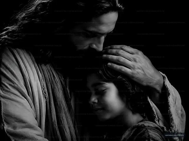Emotional moment between a man and a child in black and white