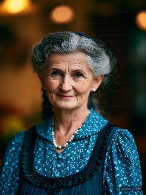 Senior woman with gray hair wearing a blue floral dress