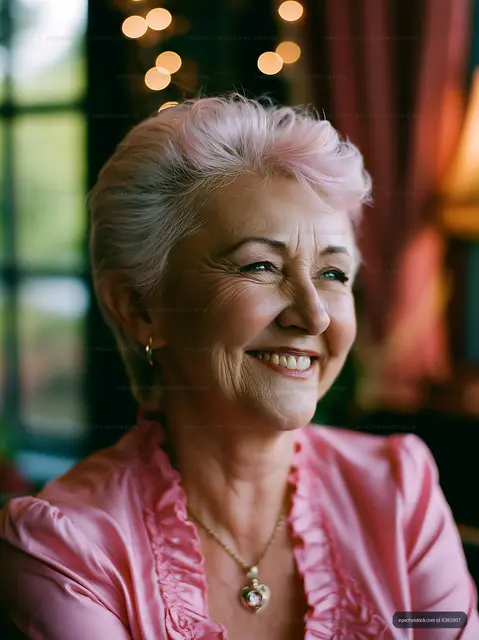 Happy older woman in a pink blouse smiling indoors