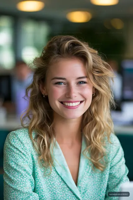 Woman smiling in a modern cafe with a bright atmosphere