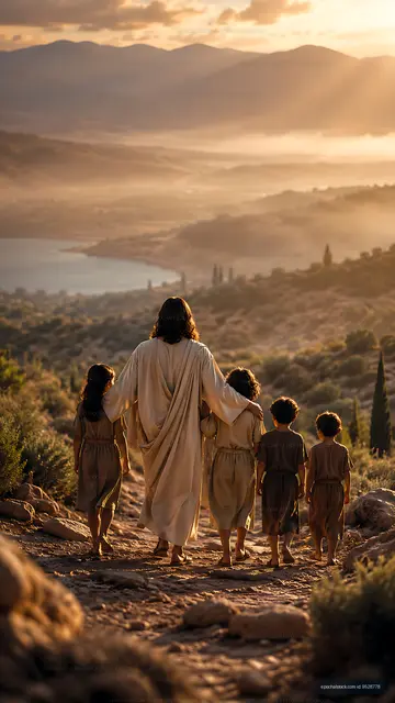 Walking along a path during sunset with children by the lake