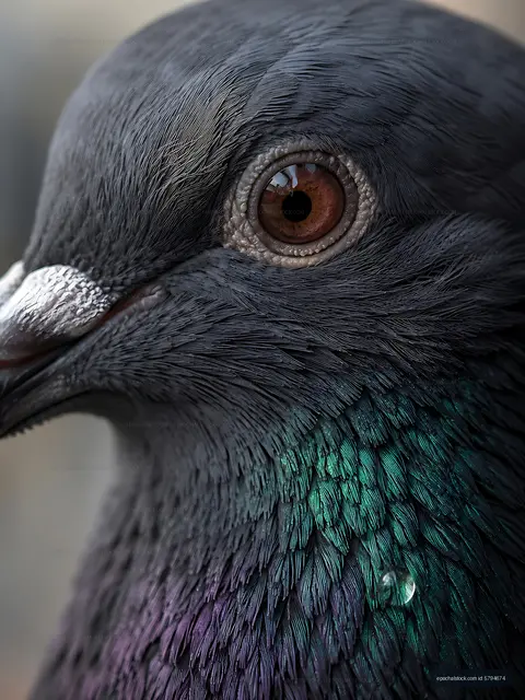 Close-up view of a pigeon's head showing detailed feathers