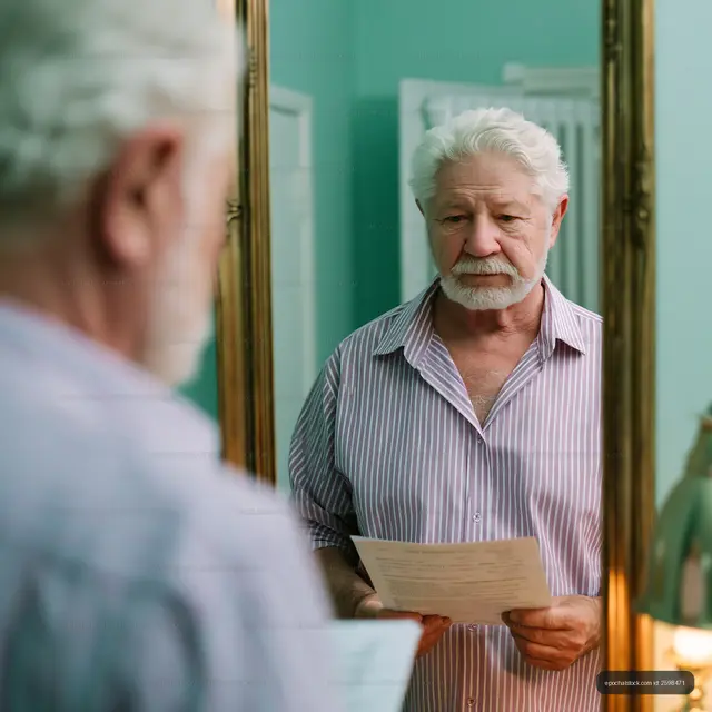 Older man reading a document in front of a mirror