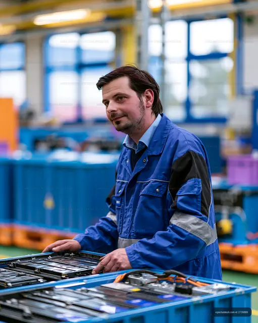 Worker assembling battery packs in a manufacturing facility