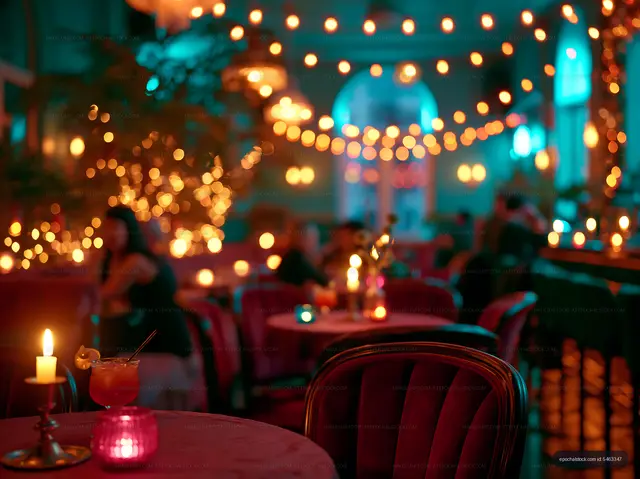 Cozy restaurant setting with dim lights and colorful drinks