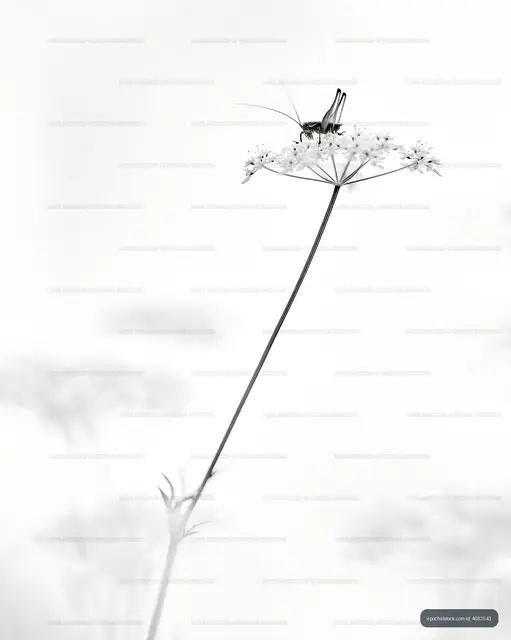 Grasshopper perched on a flower in black and white setting