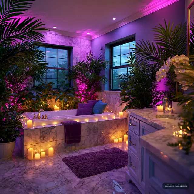 Relaxation space with candles and plants in modern bathroom