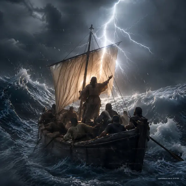 Stormy sea with a group of people in a boat facing a tempest