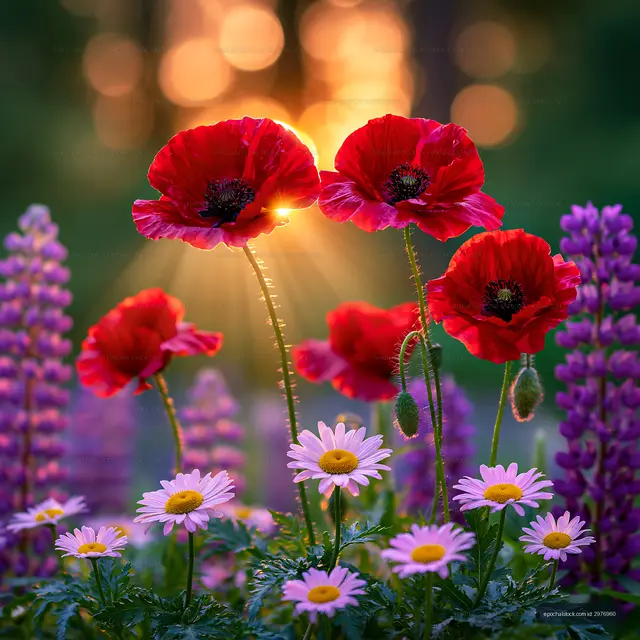 Colorful flowers blooming in a garden at sunset