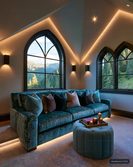 Cozy living room with mountain view and modern decor