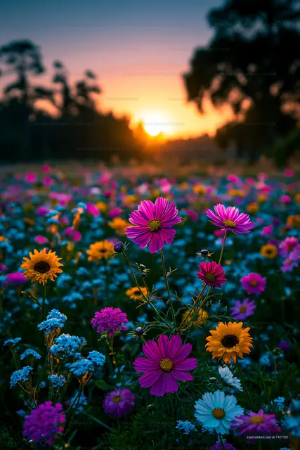 Colorful flowers blooming at sunset in a field