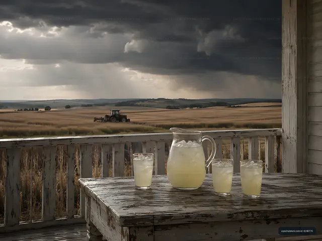 Refreshing drinks served on a wooden table with dark clouds above