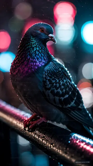 Pigeon perched on railing with city lights in the background
