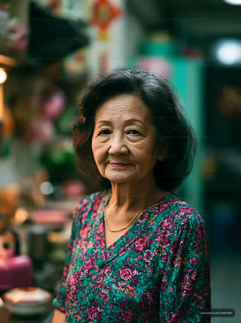Elderly woman standing in a vibrant market stall