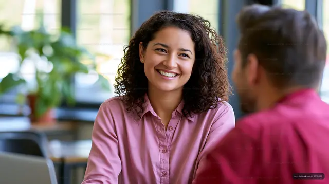 Woman in pink shirt talking to man at cafe