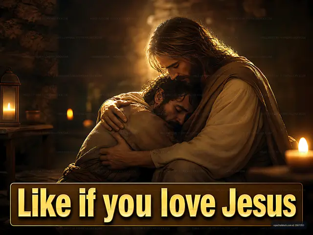 Jesus embraces a man in a dimly lit room