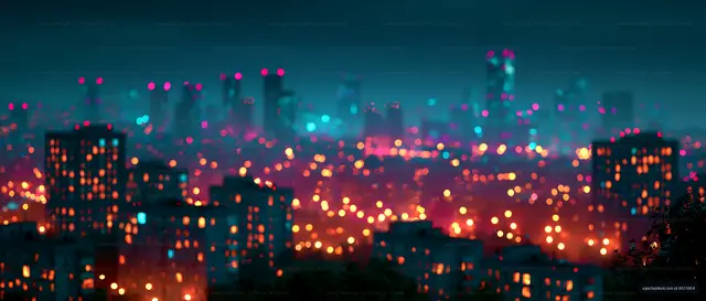 City skyline with colorful lights at night