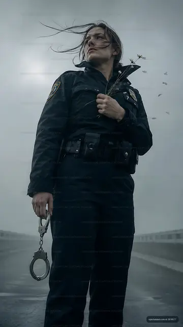 Woman police officer stands on a road holding handcuffs and flowers