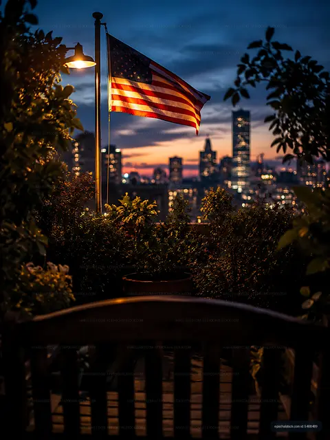 Sunset view with American flag in urban garden setting