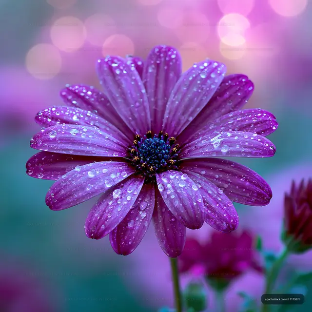 Purple flower with water droplets against a blurred background