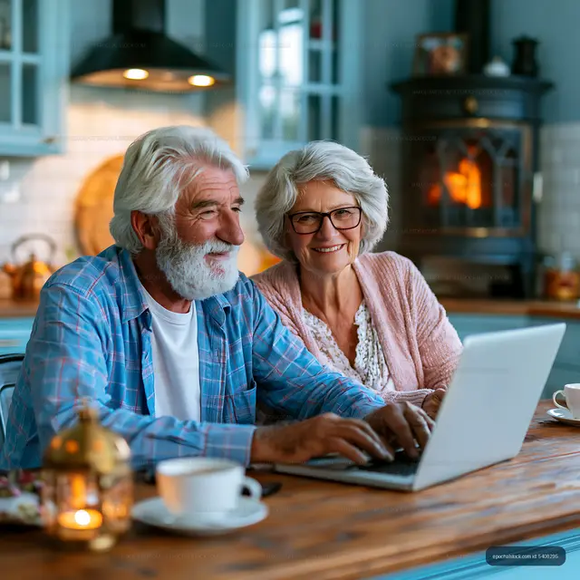 Older couple using a laptop in a cozy kitchen