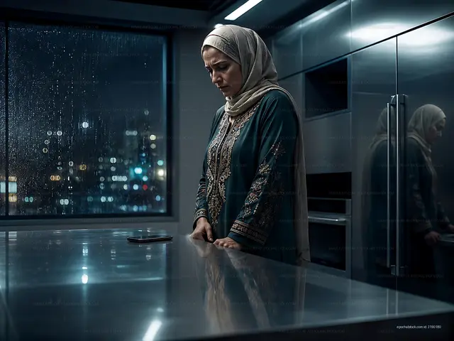 Woman standing alone in kitchen at night looking at phone