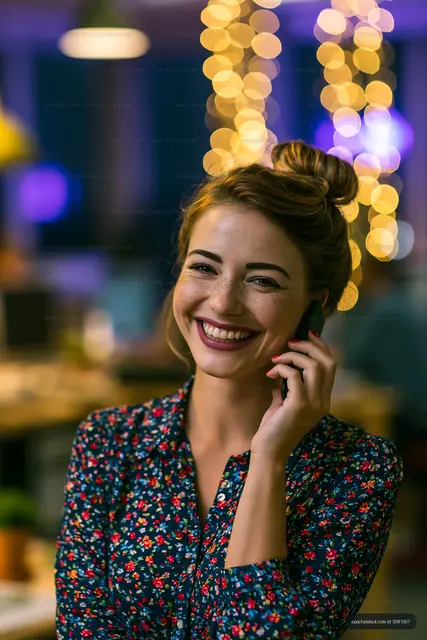 Woman talking on phone with lights in background