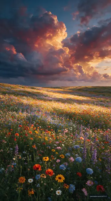 Colorful wildflower field under dramatic sky at sunset