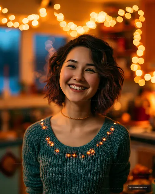 Smiling woman in cozy kitchen with warm lights