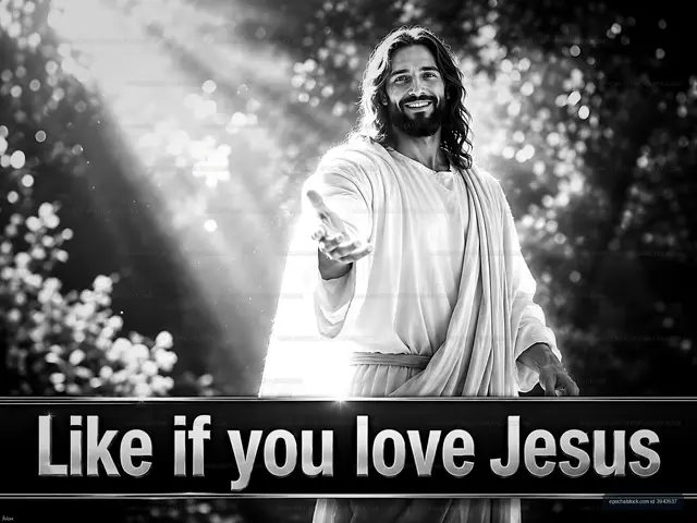 Man in white robe reaching out in forest with biblical message