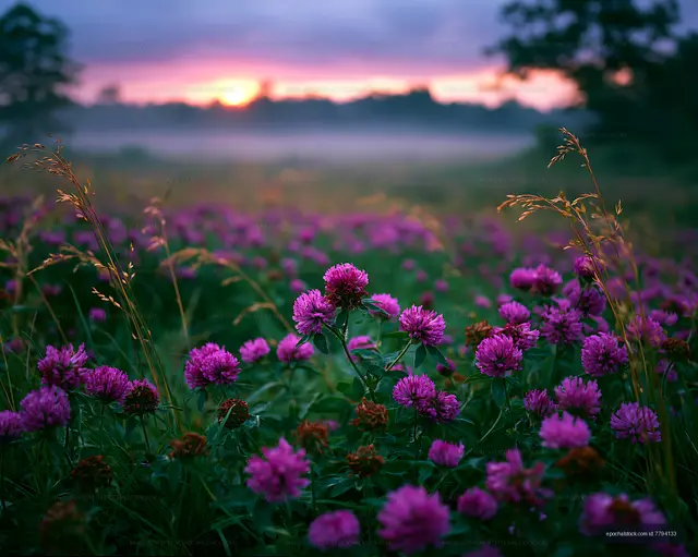 Field of pink clover flowers at sunrise in a quiet landscape