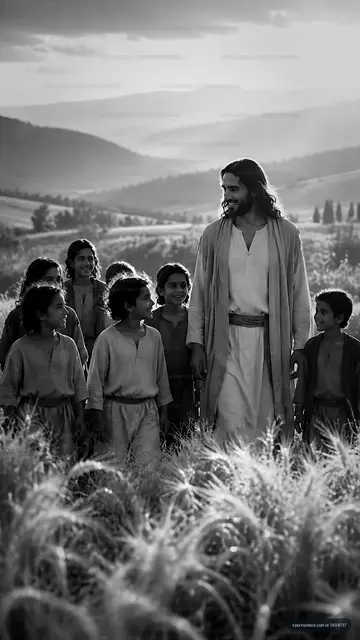 Jesus walks with children in a grassy field at sunset