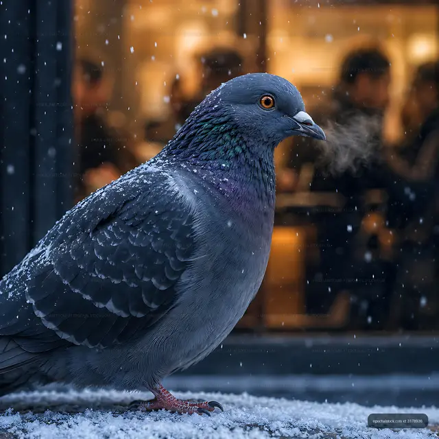Pigeon standing in snow with mist from its beak in a café