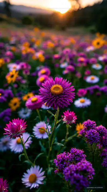Colorful wildflowers blooming at sunset