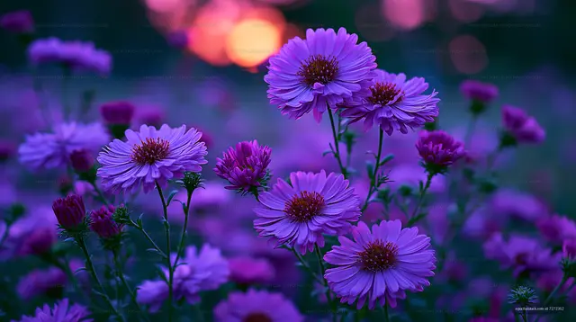 Purple flowers in a field during sunset