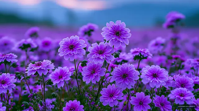 Vibrant purple flowers blooming in a field during sunset