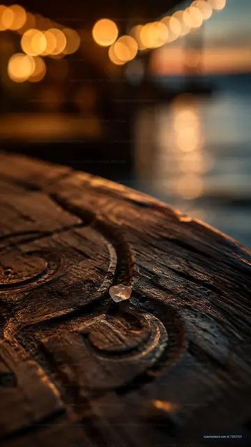 Sunset views over a wooden table with blurred lights reflecting
