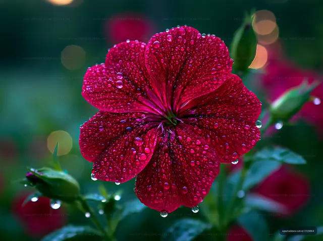 Bright red flower with dew drops in a garden setting
