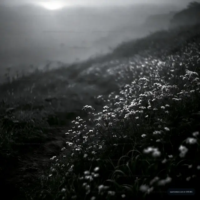 Flowers in a field during foggy morning light