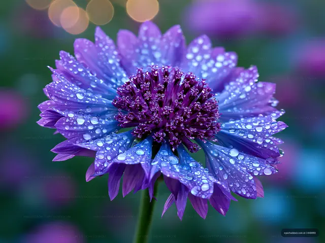 Purple flower with raindrops in a garden setting