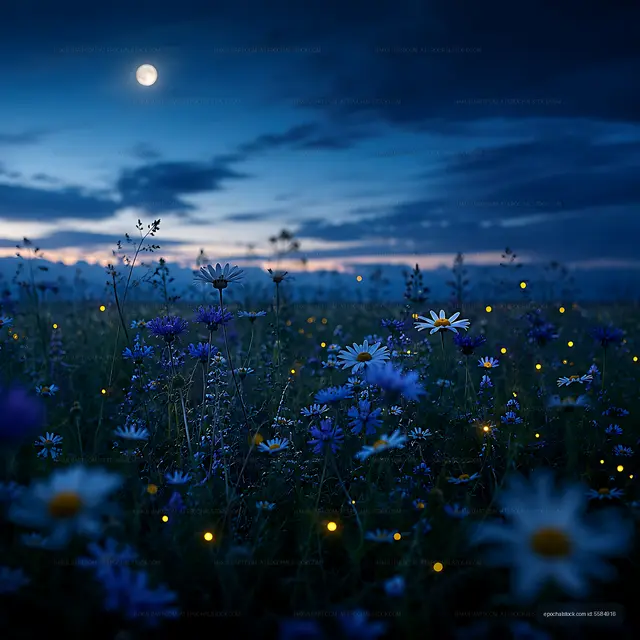 Nighttime field with glowing fireflies and wildflowers
