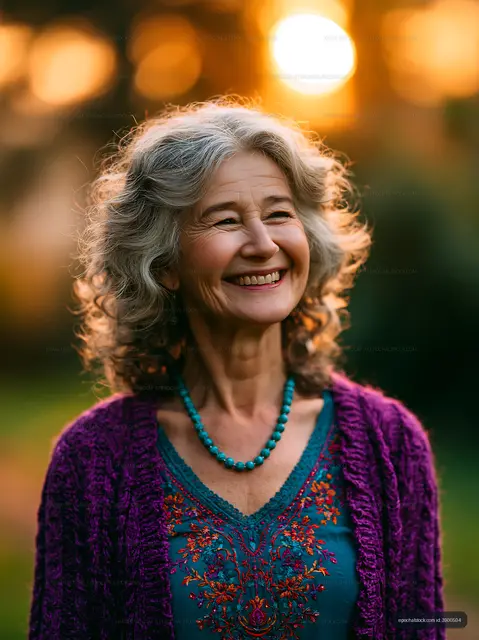 Smiling woman in outdoor setting during sunset